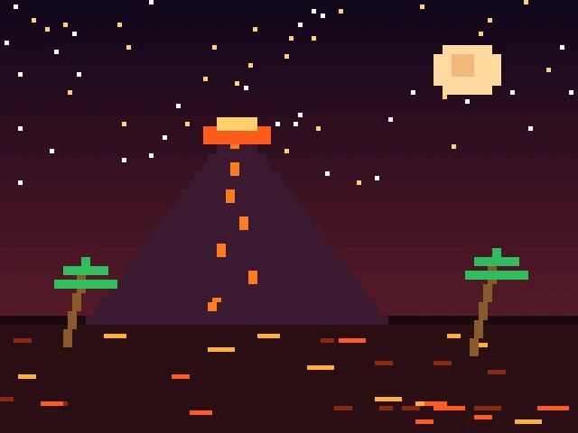 Pixel art de un volcán y palmeras de noche