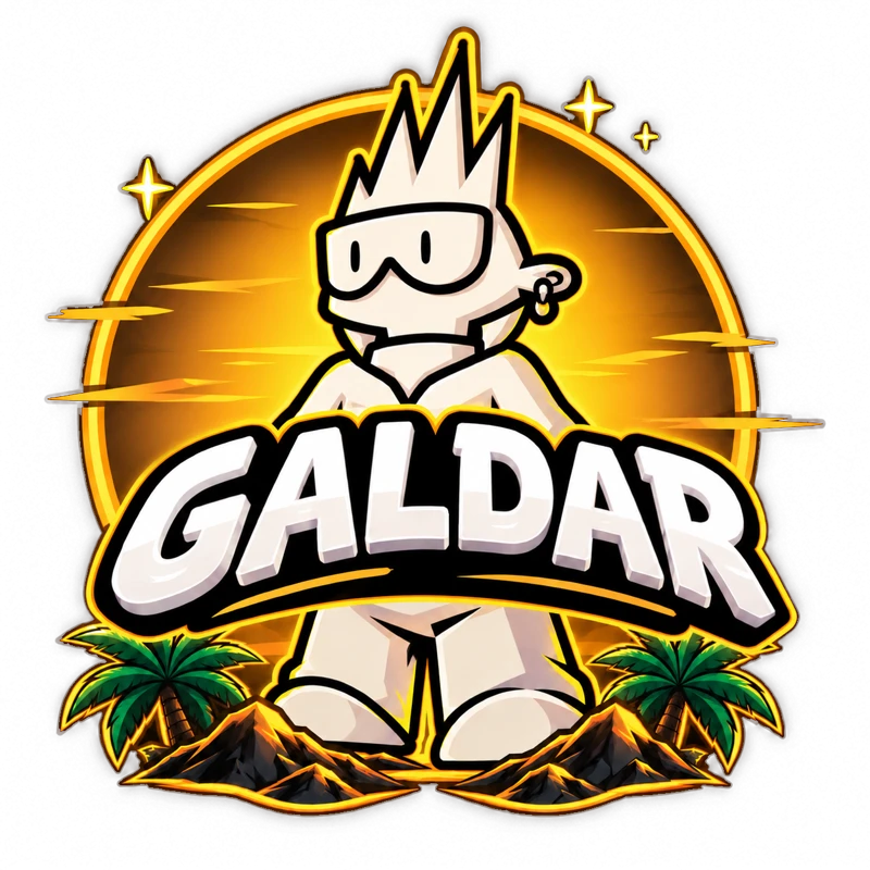 Survival Gáldar: personaje blanco con gafas y cresta sobre un sol dorado, con palmeras y volcanes